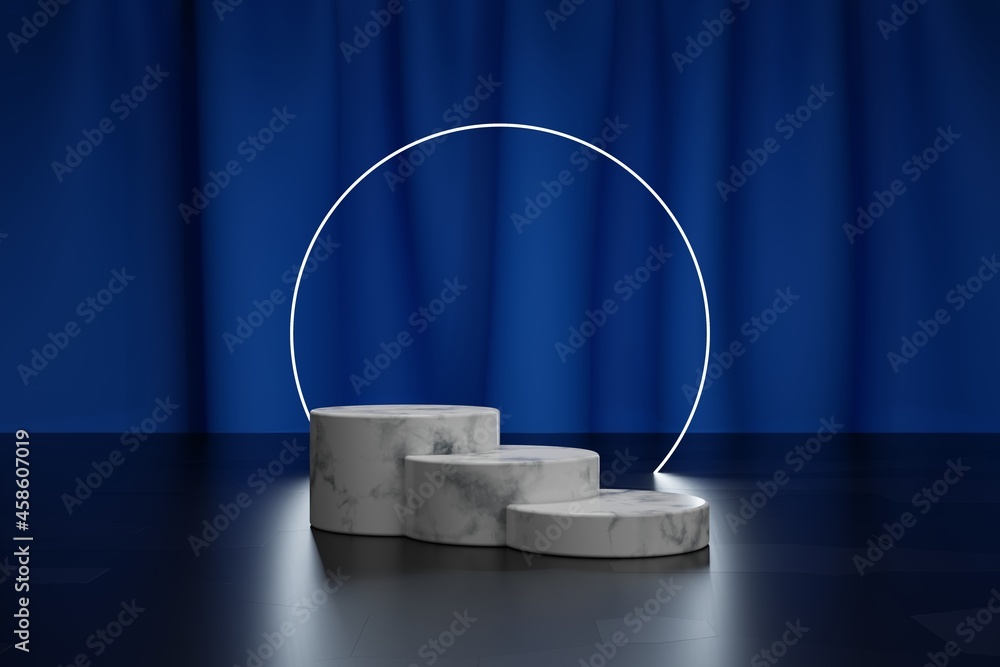 Poster three marble podiums for product presentation and neon circle with blue textile curtain on a backgro