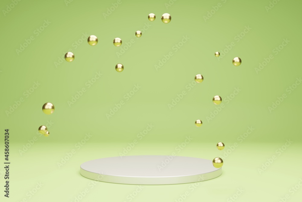 Aufkleber product podium for presentation with metallic bubbles on a green background. 3d rendering scene in c