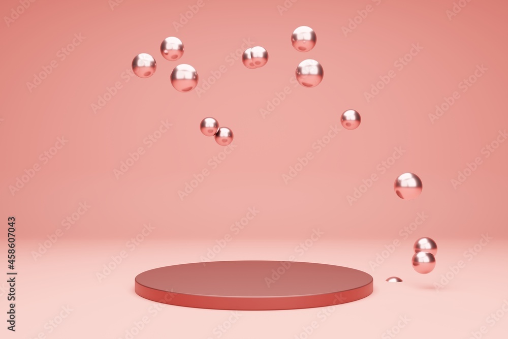 Poster product podium for presentation with metallic bubbles on a coral background. 3d rendering scene in c