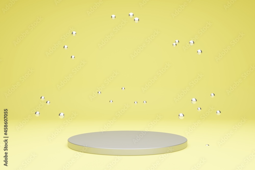 Poster grey podium for presentation with metallic bubbles on a yellow background. 3d rendering scene in cal
