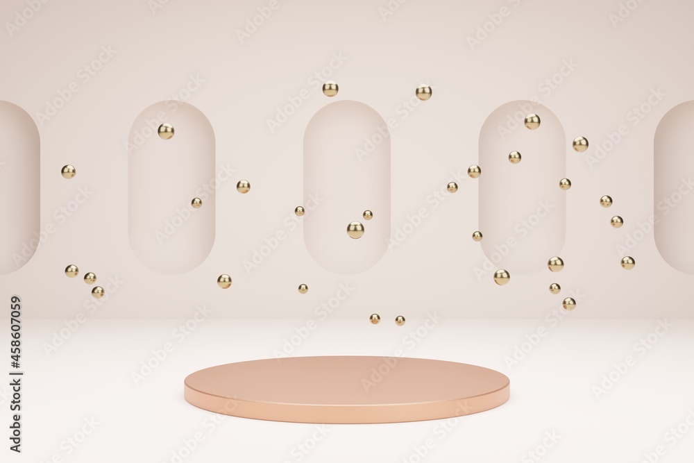 Poster round podium for product presentation with metallic bubbles. 3d modeling scene in calm pastel colors