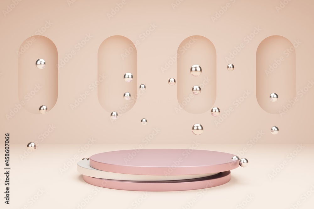 Poster pedestal for product presentation with metallic bubbles. 3d rendering scene in calm pastel colors. e