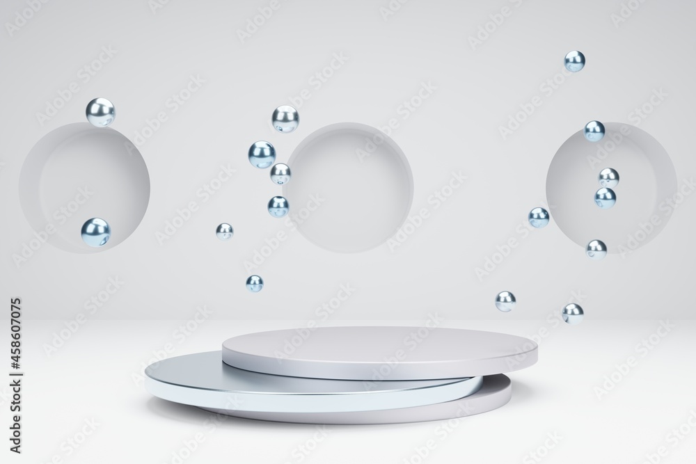 Poster podium plates for product presentation with metallic bubbles. 3d modeling scene in calm pastel color
