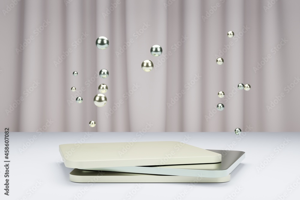 Poster square podiums for product presentation and metallic bubbles with textile curtain on a background. e