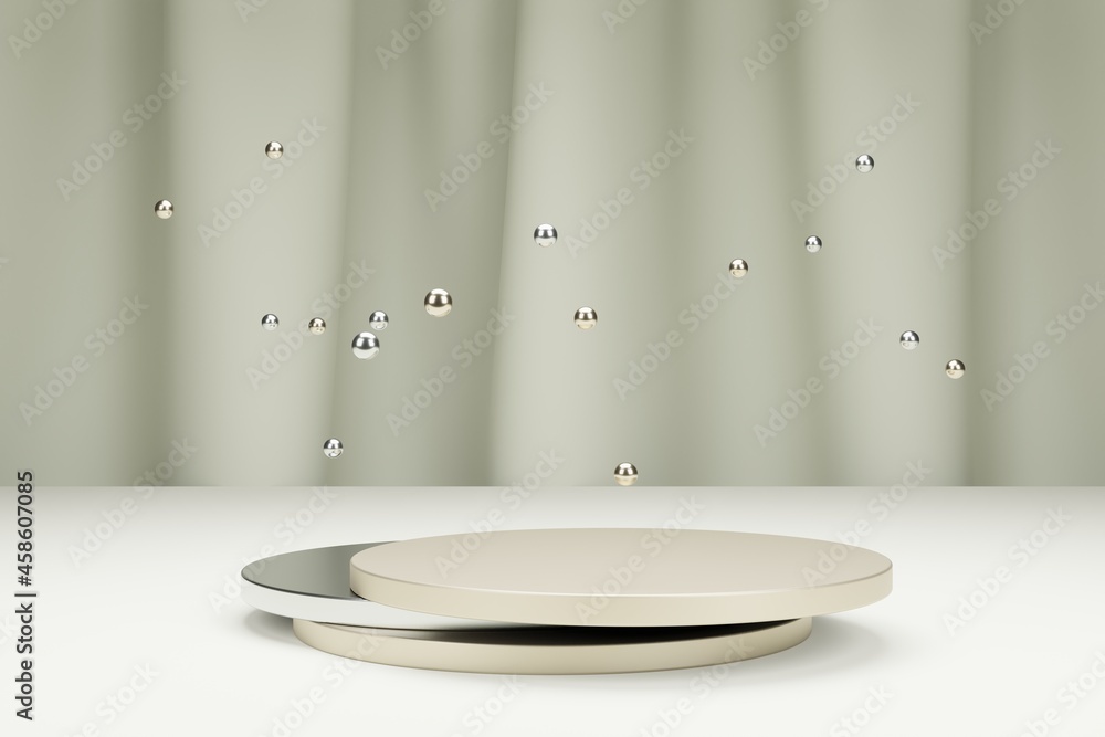 Poster round pedestal for product presentation and metallic bubbles with textile curtain on a background. 3