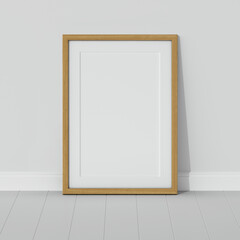 One wooden frame on wooden floor with a white wall. Empty interior. 3D render vertical wooden frame mock up. White parquet. 3D illustrations. 3D design interior. Template. Passe partout frame.	
