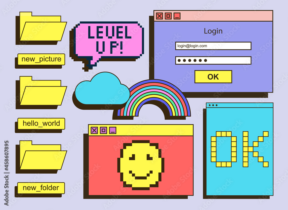 Poster set of icons for user interface. retro stickers with folder, buttons, dialog box and login window. d
