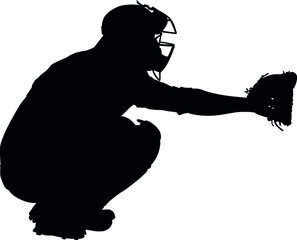 Baseball Catcher in ready position to playing. Baseball Catcher at work on baseball field detailed realistic silhouette
