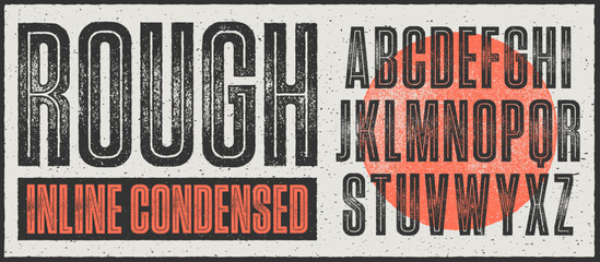 Rough Inline Condensed Font. Works well at small sizes. Detailed individually textured characters with an eroded rough letterpress print texture. Unique design font