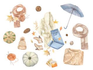 watercolor autumn design elements, fall, holiday clip art isolated on white background.