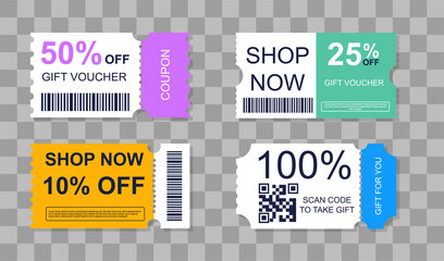 Set of coupons with promotions and discounts. Collection of tickets with barcodes and inscriptions. Design elements for stores, websites. Cartoon flat vector illustrations on transparent background