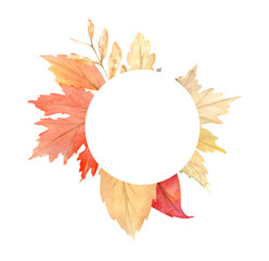Watercolor frame of leaves and branches isolated on white background. Autumn illustration for greeting cards, wedding invitations.