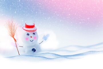 happy snowman. Winter landscape. Merry christmas and happy new year greeting card