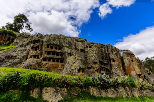 Front view of the "Las Ventanillas de Otuzco" archaeological site in Ba&ntilde;os del Inca district from Cajamarca province, Peru on a sunny day