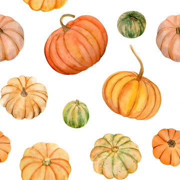 Watercolor pumpkins fall seamless pattern. It is perfect for thanksgiving cards or posters