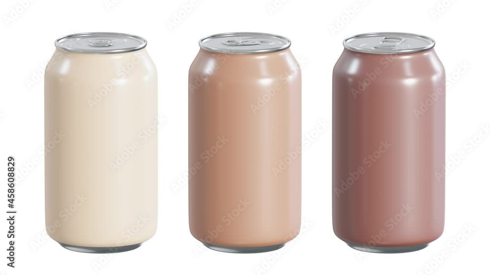 Poster realistic seamless looping 3d animation of three spinning latte or caffe latte coffee drink cans ren