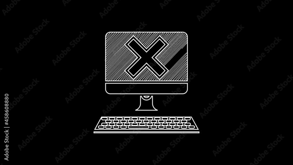 Poster white line computer with keyboard and x mark icon isolated on black background. error window, exit b