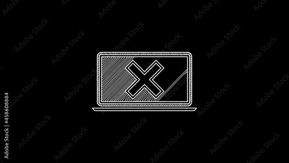 Poster white line laptop and cross mark on screen icon isolated on black background. error window, exit but