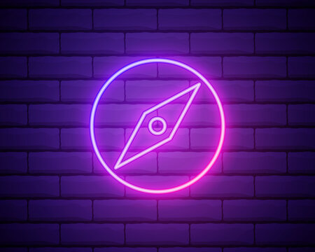 Glowing neon line Wind rose icon isolated on brick wall background. Compass icon for travel. Navigation design. Vector Illustration