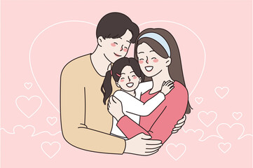 Happy family, childhood and parenthood concept. Young smiling parent woman and man standing hugging their small daughter feeling great together vector illustration 
