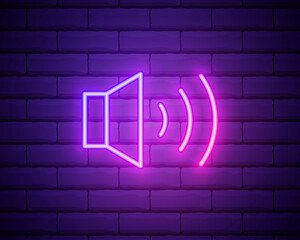 Simple volume icon, audio speaker, sound symbol. Colour neon style on brick wall background. Light linear icon with editable stroke