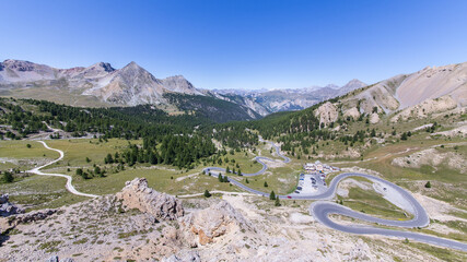 Mountain pass road Col D'Izoard as part of the Route des Grandes Alpes in the french alps	