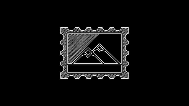 White line Postal stamp and Mountains icon isolated on black background. 4K Video motion graphic animation
