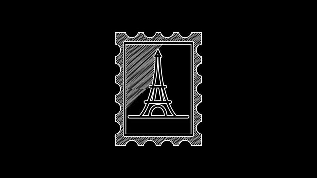 White line Postal stamp and Eiffel tower icon isolated on black background. 4K Video motion graphic animation