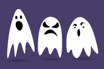 Cute Halloween ghosts. Scared funny ghost with different emotions. Set of icons isolated on a purple background. Cartoon vector illustration.