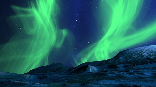 Winter landscape of snowy mountains with starry night sky and green polar lights in the background. Scene of Aurora Borealis or Northern Lights. High quality animation. Tourism and travel