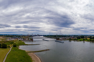 Fototapeta na wymiar Panoramic view of the Rhine motorway bridge near Leverkusen, Germany. Drone photography.