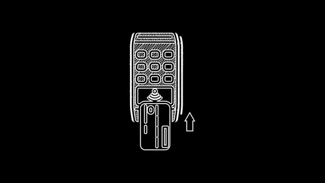 White line Pos terminal with inserted credit card icon isolated on black background. Payment terminal transaction. Pay by card. 4K Video motion graphic animation