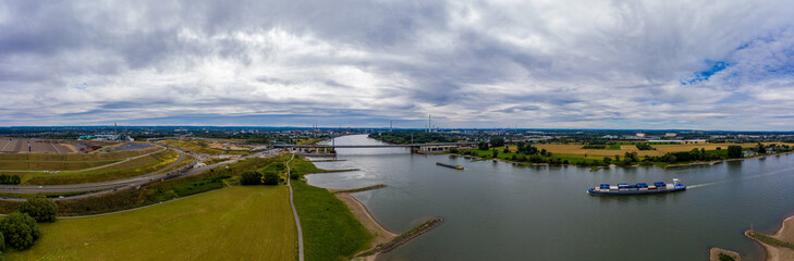 Fototapeta na wymiar Panoramic view of the Rhine motorway bridge near Leverkusen, Germany. Drone photography