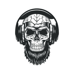 Skull with brains retro headphones and beard. Retro tattoo illustration.