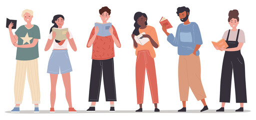 Obraz premium Set with young male and female students reading paper books on white background. Smiling people readers standing with open textbooks. Education, literature, knowledge. Flat cartoon vector illustration