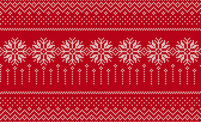 Christmas red print. Knit seamless pattern. Knitted sweater background. Xmas winter geometric texture. Holiday fair isle traditional ornament. Wool pullover. Festive crochet. Vector illustration.