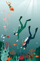 Male and female characters are diving and snorkeling in the ocean together. Concept of underwater life with colorful fish and various corals. Flat cartoon vector illustration