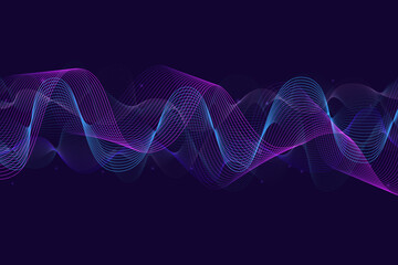Wave background. Banner with curved flow lines on black. Abstract geometric wavy leaflet. Futuristic blend modern wallpaper. Cool gradient backdrop. Dynamic fluid pattern. Vector illustration.