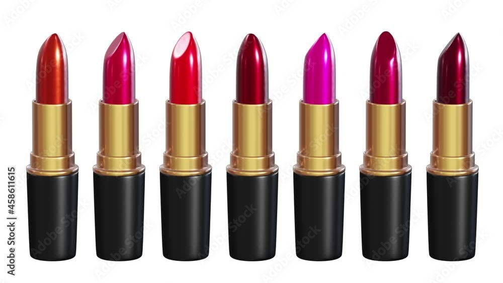 Poster realistic seamless looping 3d animation of the classic colors spinning shiny lipsticks set rendered 