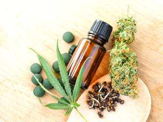 medical pills hemp leaf . cannabis concept. marijuana weed