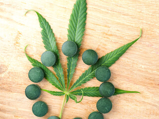 medical pills hemp leaf . cannabis concept. marijuana weed