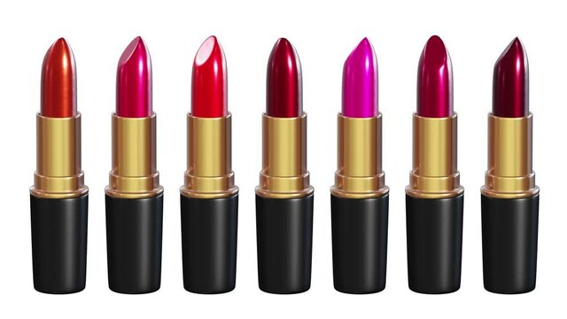 Realistic seamless looping 3D animation of the classic colors spinning shiny lipsticks set rendered in UHD with alpha matte