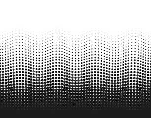 Halftone wavy dotted pattern. Pop art gradient background with circles. Comic half tone texture. Abstract wave design. Optical spotted effect. Black white banner. Monochrome vector illustration