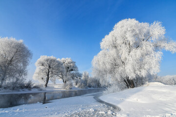 Majestic winter scenery with trees, river, heavy hoarfrost and sun on the frosty morning. Winter sunrise.