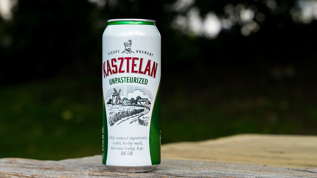 Kasztelan polish beer in can outside on table