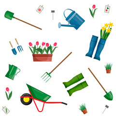 Seamless pattern with gardening Tools. Grow. Isolated over white background shovel and garden boots, watering can, wheelbarro on the background. Flowers in pots, tulips, daffodils, green grass Vector.