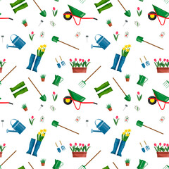 Seamless pattern with gardening Tools. Grow. Isolated over white background shovel and garden boots, watering can, wheelbarrow on the background. Flowers in pots, tulips, daffodils, green grass Vector