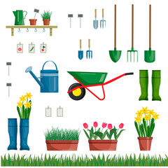 Set of garden tools. Gardening shovel and garden boots, watering can, wheelbarrow, rake . Flowers in pots, tulips, daffodils, green grass. Vector.