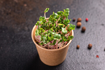 microgreen fresh radish green petals seedlings raw food fresh ready to eat meal snack on the table copy space raw food background veggie vegan or vegetarian