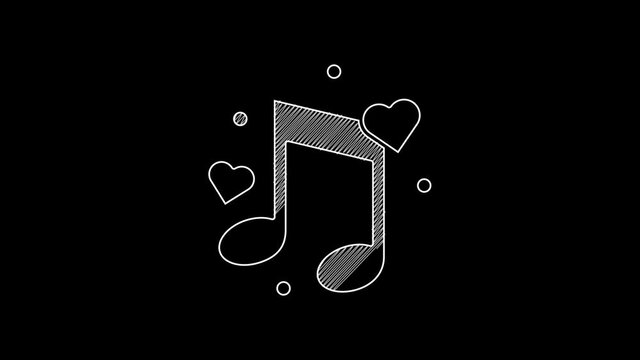 White line Music note, tone with hearts icon isolated on black background. 4K Video motion graphic animation